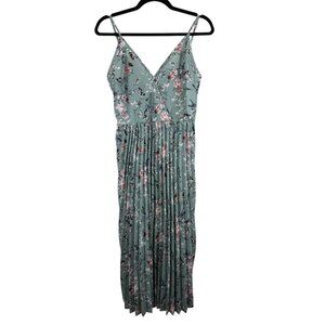 Light Teal Pink Floral Pleated Midi Dress - Medium